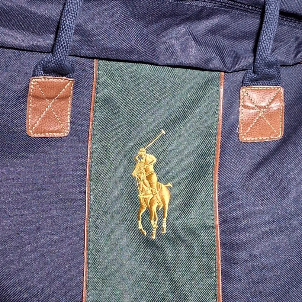Ralph Lauren Fragrances Navy Blue Canvas Duffel Bag Green Stripe Weekender Pony